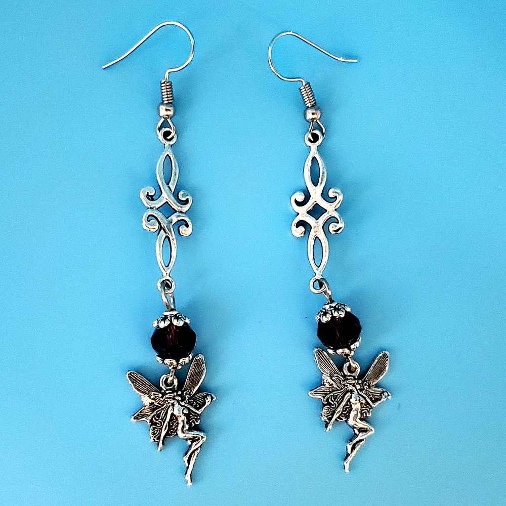 Silver Fairy Dangle Earrings with Purple Crystal Accent
